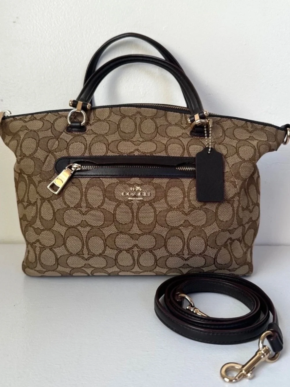 Coach Khaki Brown Signature Jacquard Prairie Satchel in Canvas